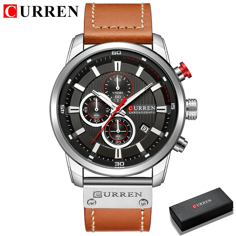 Montre-bracelet CURREN cadran noir, boîtier acier, bracelet cuir brun, chronographe.