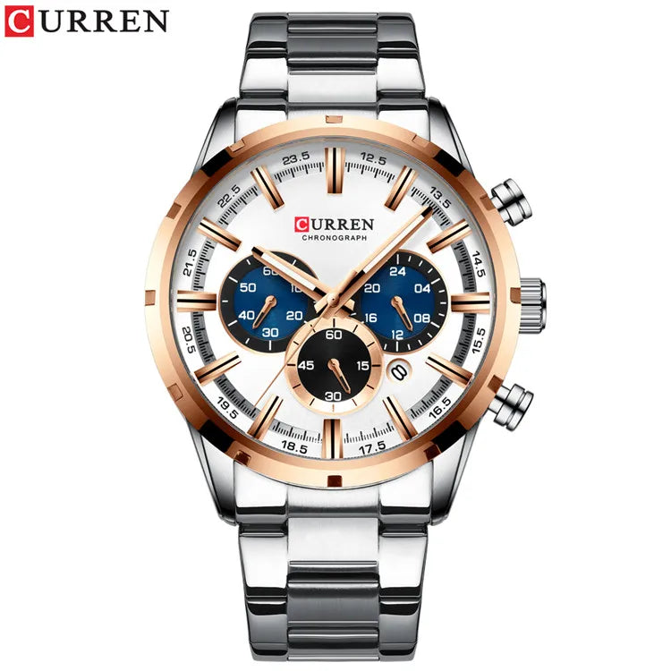 Montre homme CURREN cadran blanc 3D, bracelet acier argenté, détails dorés