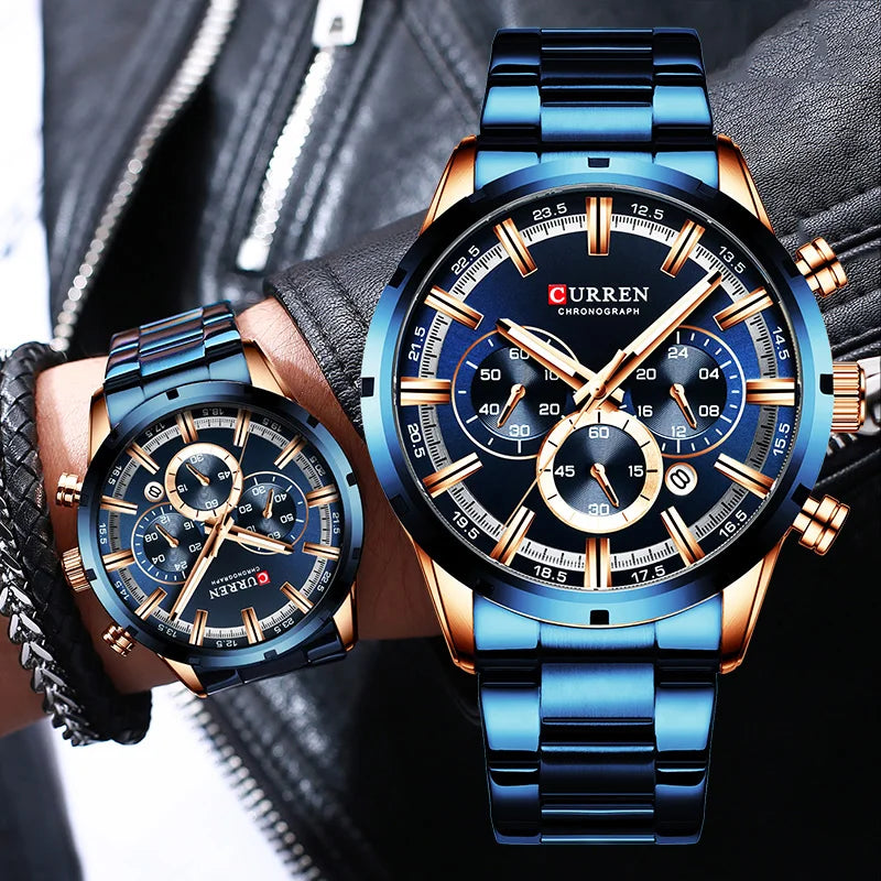 Montre homme CURREN, bracelet acier bleu, cadran bleu chronographe doré, aiguilles rondes