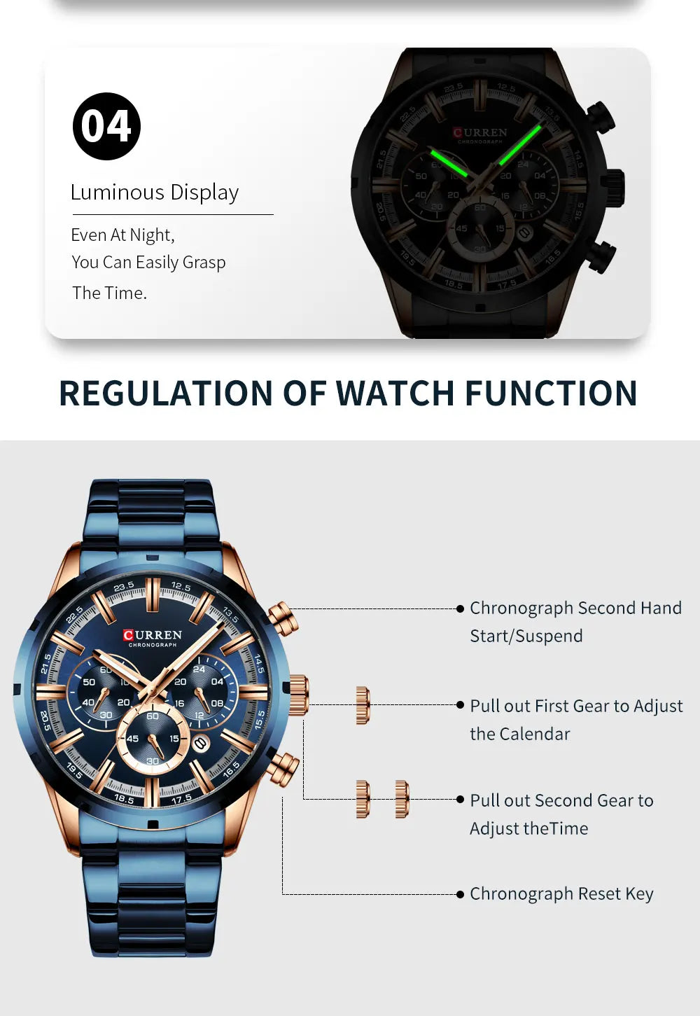 Montre homme CURREN, cadran noir bleuâtre, aiguilles dorées, bracelet acier bleu