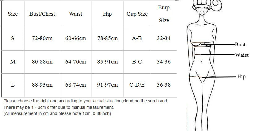 Guide des tailles : monokini S à L, tours de poitrine, taille et hanches