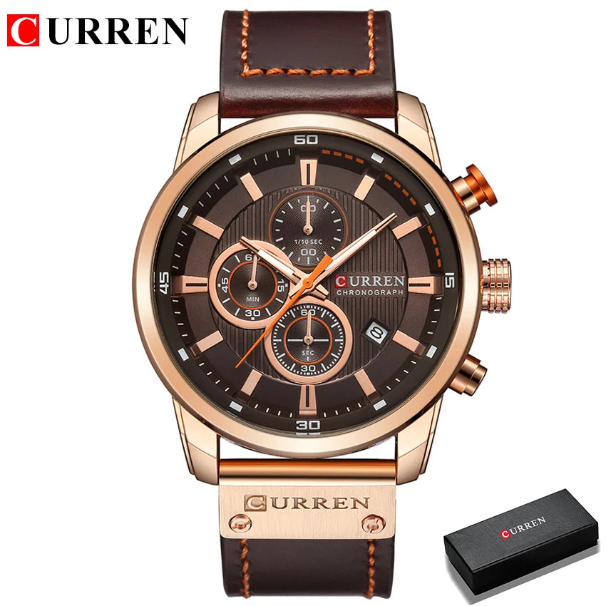 Montre-bracelet CURREN cadran noir à sous-compteurs, boîtier doré rosé, cuir marron.