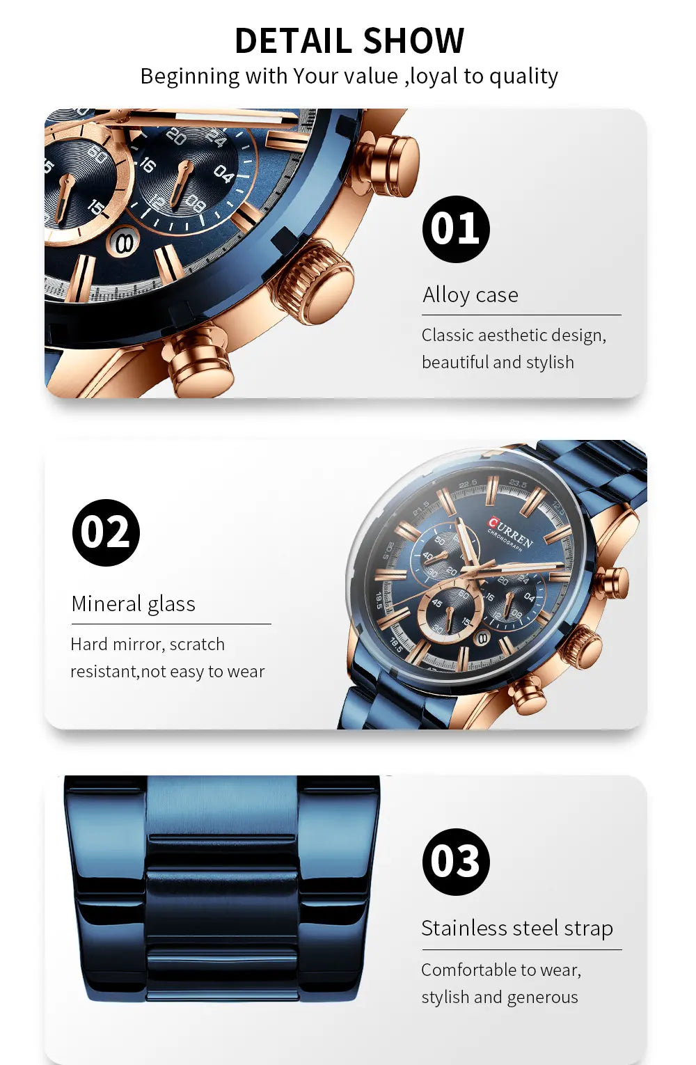 Montre homme CURREN, gros plan bracelets acier bleu et boutons dorés, cadran bleu chronographe