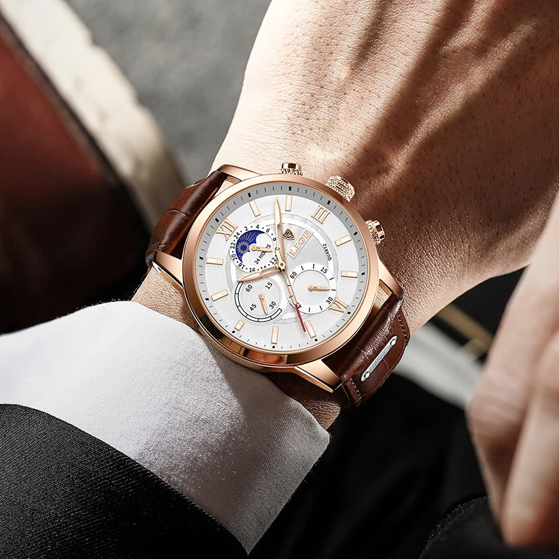 Montre Homme LIGE Cuir Marron - Quartz Étanche Sport Élégante