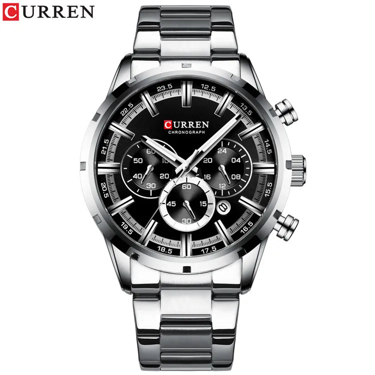Montre homme CURREN cadran noir 3D, bracelet acier argenté, trois sous-cadrans