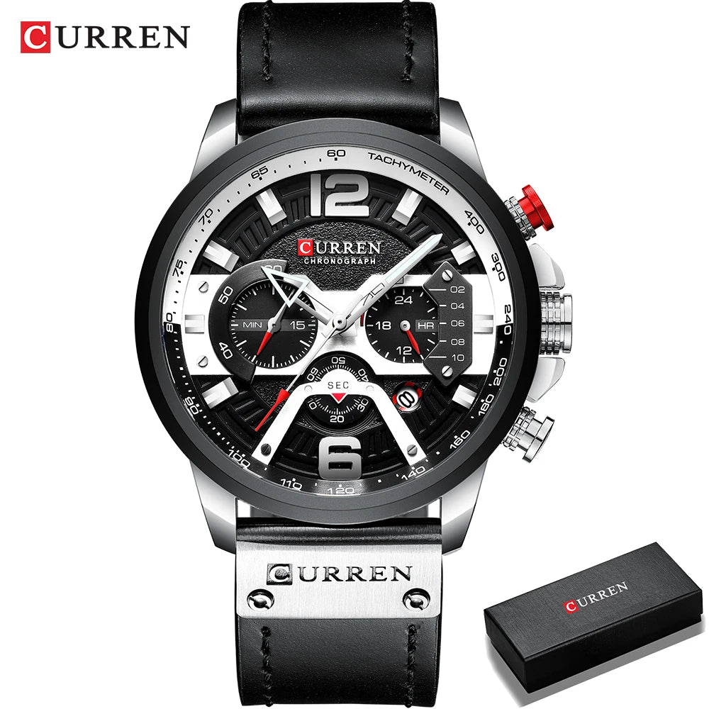 Montre chronographe bracelet cuir noir, boîtier noir et argent, cadran noir à compteurs