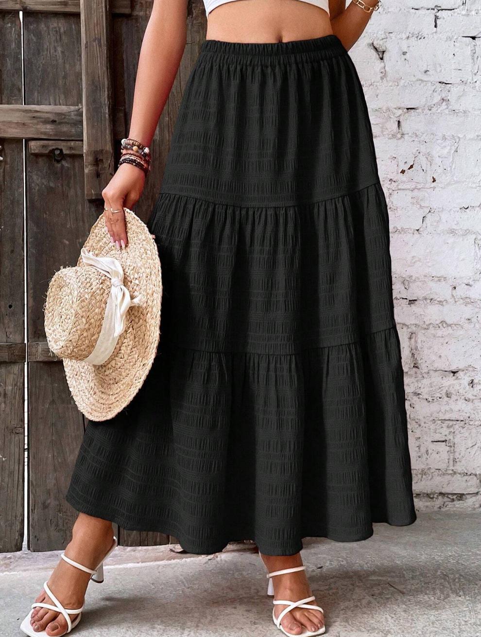Jupe longue noire à volants, taille élastique, ourlet évasé en étages