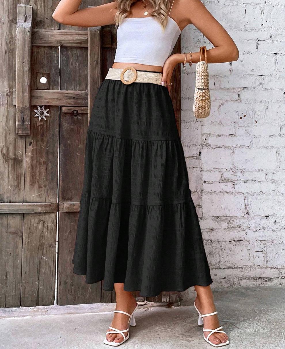 Jupe longue noire à volants, taille élastique, bas ample en plusieurs étages