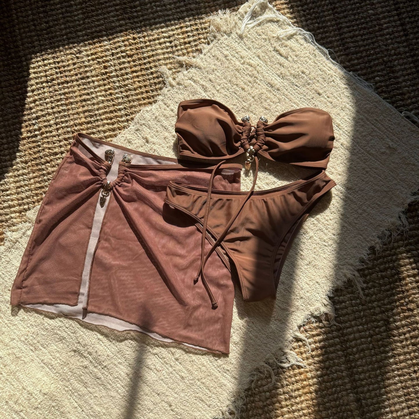 Maillot de Bain Trois Pièces Femme avec Jupe en Maille - Bikini Anneau Métal