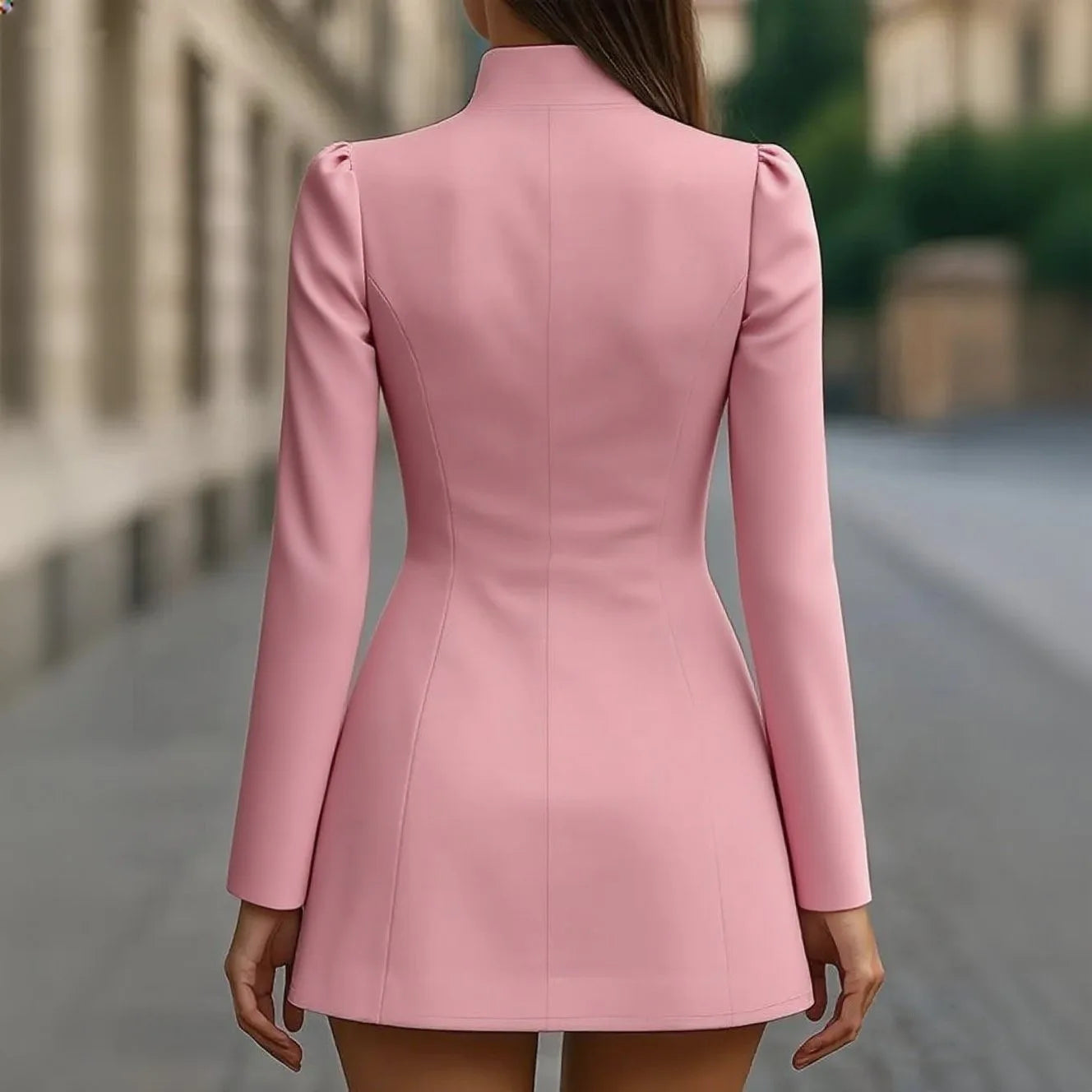 Robe rose col roulé, vue arrière, manches longues, coupe évasée