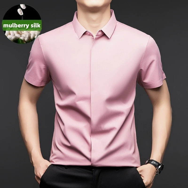 chemise hommes décontracté en soie polyester slim