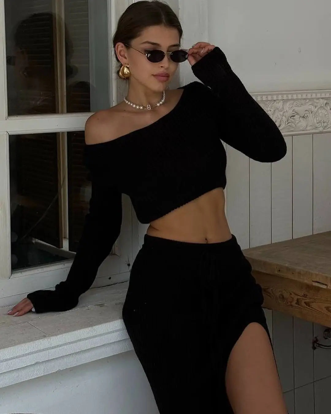 nouveauté automne/hiver jupe fendu et haut a manches longues pour femmes