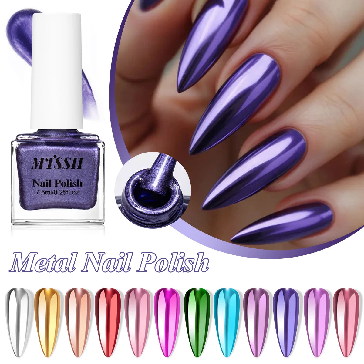 Vernis à ongles effet miroir, flacon et ongles violets métallisés.