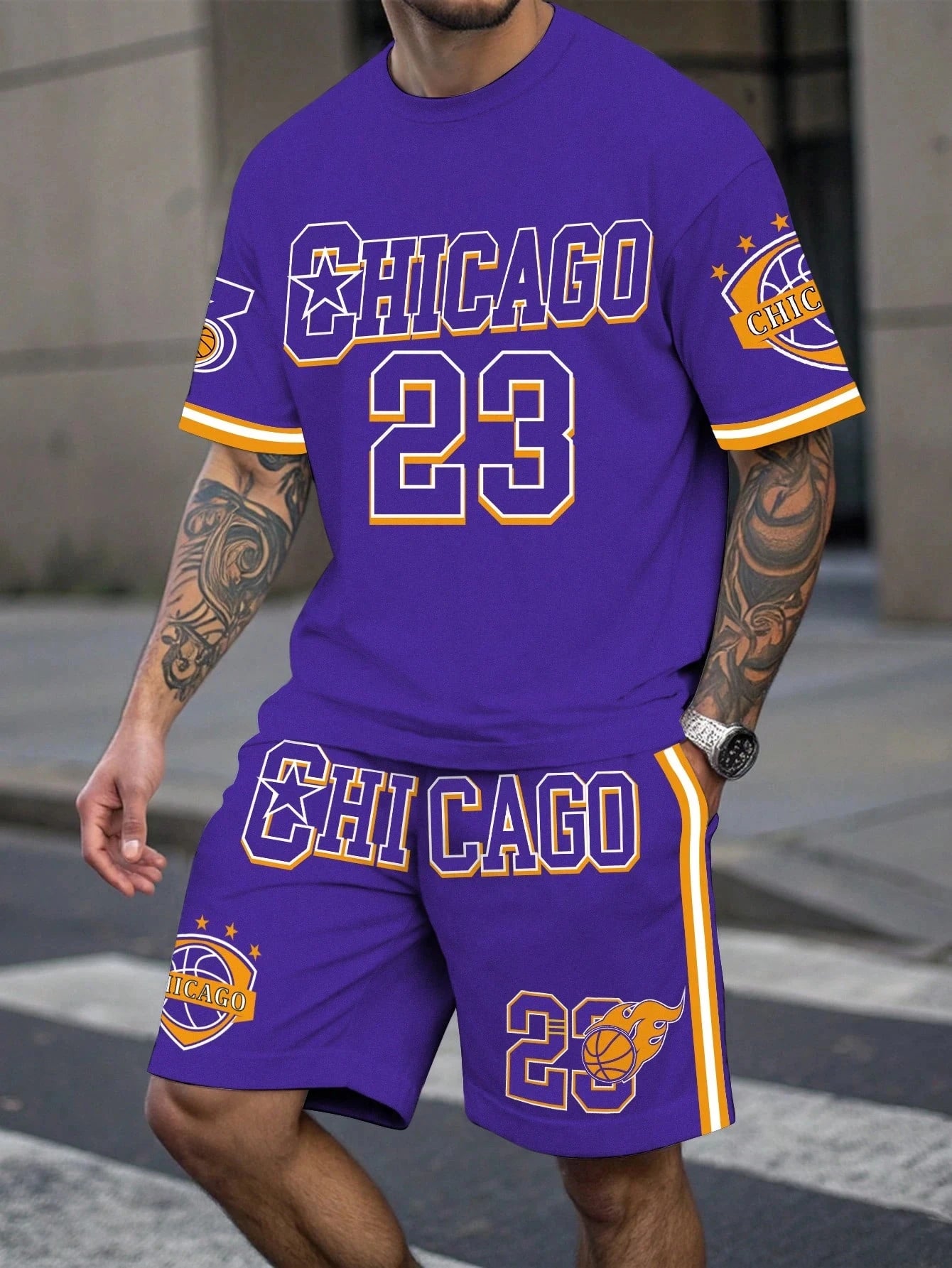 Ensemble t-shirt et short homme violet avec imprimé Chicago 23