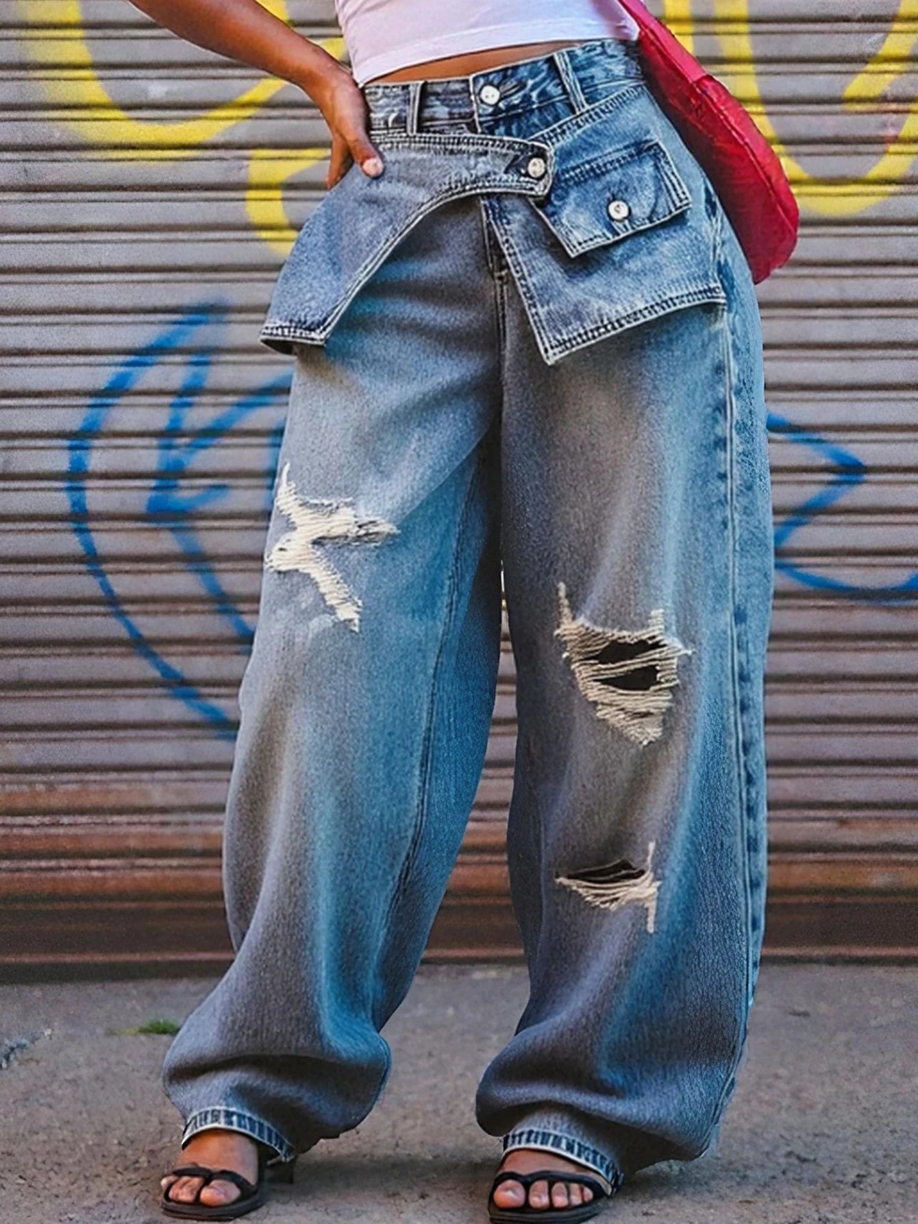 Jean Droit Dechire Femme - Coupe Ample Effet Vieilli Streetwear Vintage