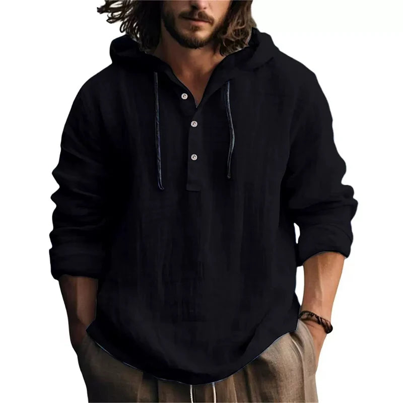 Chemise en lin homme à capuche noire, patte boutonnée et manches longues