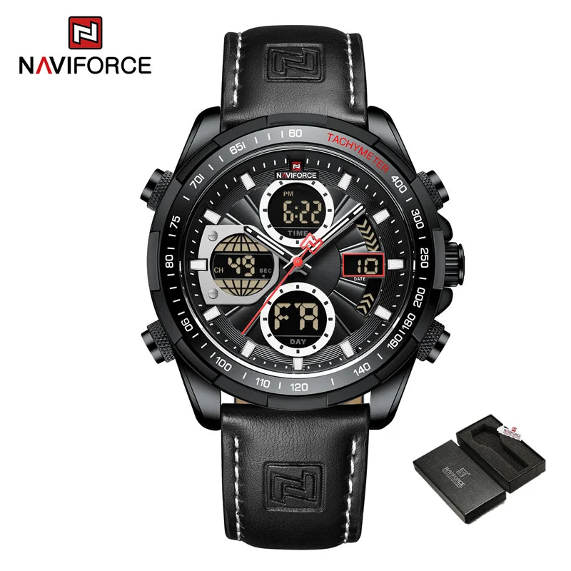Montre homme sport cadran noir, boîtier noir, bracelet cuir noir, chronographe