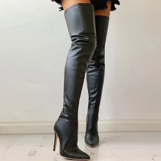Sexy cuissardes bottes extensibles en cuir pour femmes