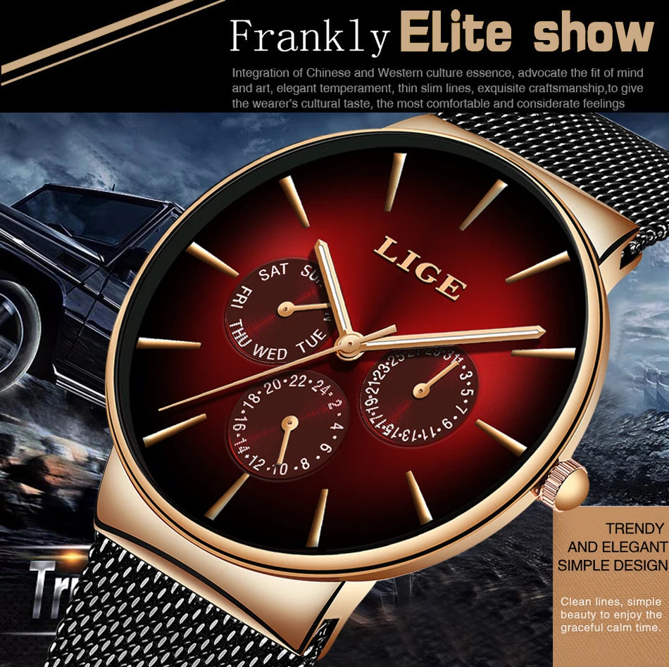 Montre Homme LIGE Luxe - Quartz Acier Maille Étanche Ultra-Fine | MONASTORESHOP.COM