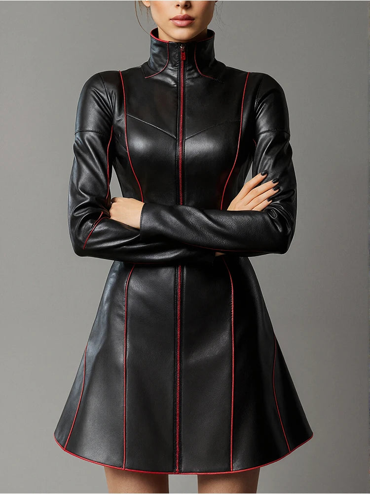 nouveauté automne 2025 robe en cuir manche longue vintage