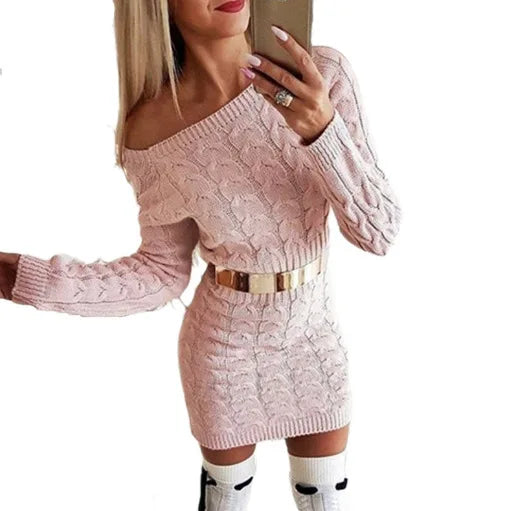 Robe Pull Femme Sexy Col Rond - Tricot Manches Longues Mini Robe - MONASTORESHOP.COM