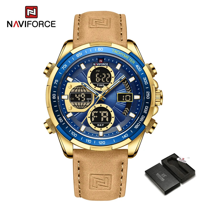Montre homme NAVIFORCE à bracelet cuir beige et cadran bleu, boîtier doré, chronographe.