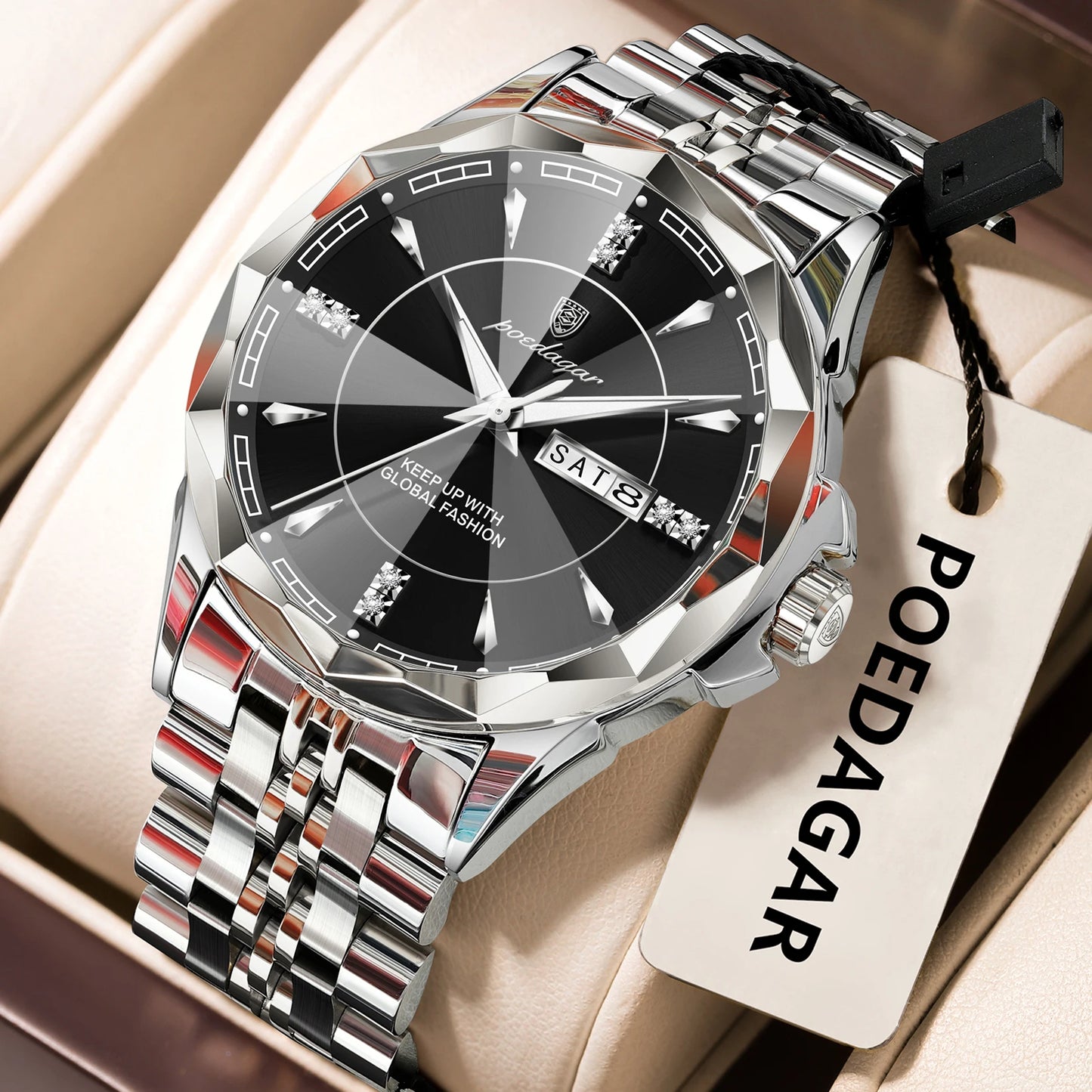 Montre Homme POEDAGAR Luxe Acier Inoxydable - Étanche Lumineux Date Semaine - Quartz Business
