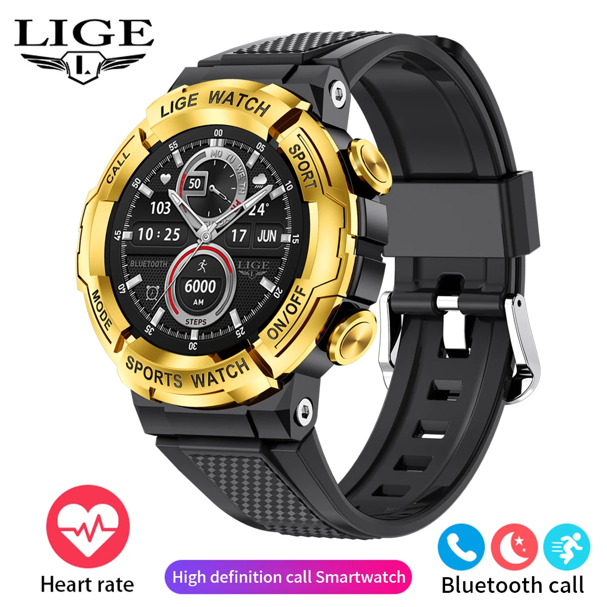 Montre connectée dorée avec bracelet noir, cadran noir chargé d’indicateurs.