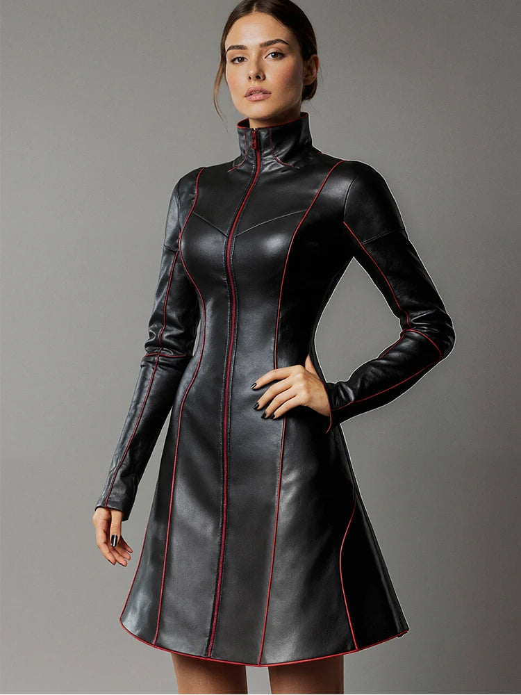 nouveauté automne 2025 robe en cuir manche longue vintage