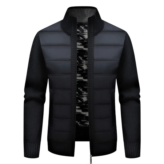 Cardigan homme noir doublé polaire, empiècements matelassés, capuche et zip frontal