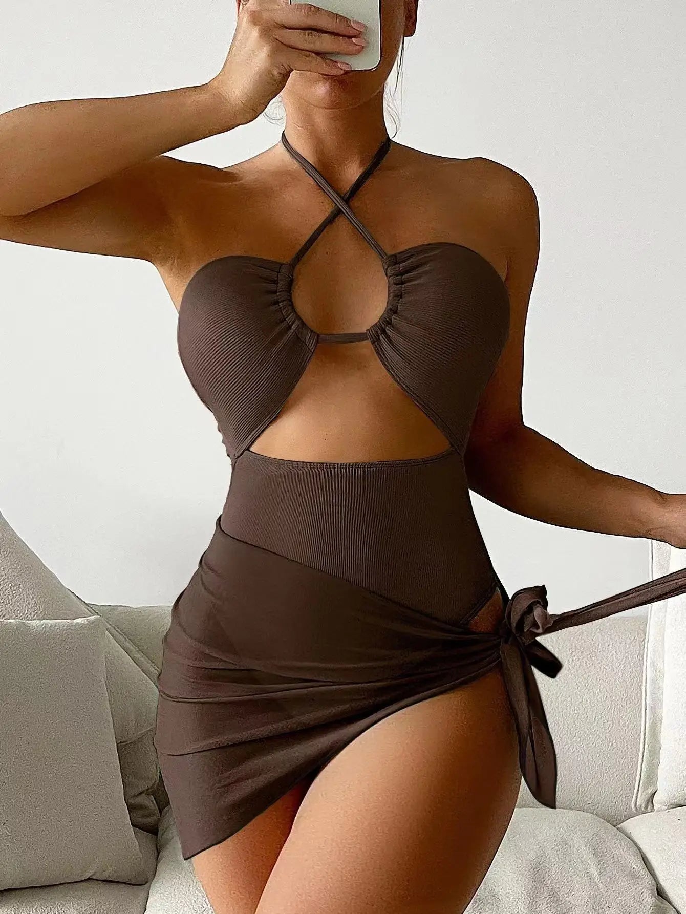 Maillot de Bain 1 Pièce Femme Licou avec Jupe - Bikini Élégant Découpe