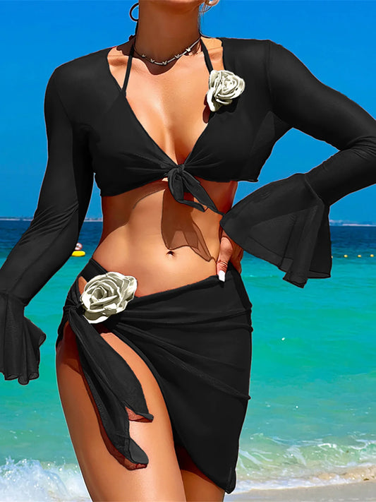 Ensemble bikini noir à manches longues, nœud et appliques rose 3D, bas taille haute