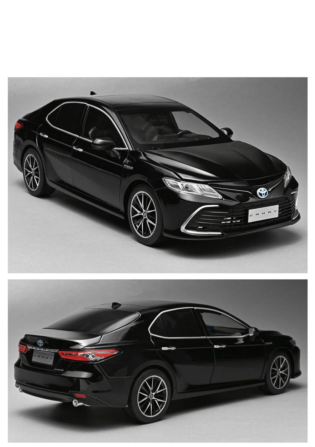 Voiture miniature Toyota Camry 1:18 noire, vue avant 3/4, roues détaillées