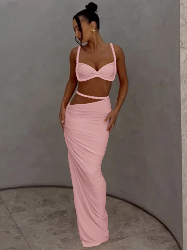 Ensemble femme rose clair : haut à bretelles noué et jupe longue moulante