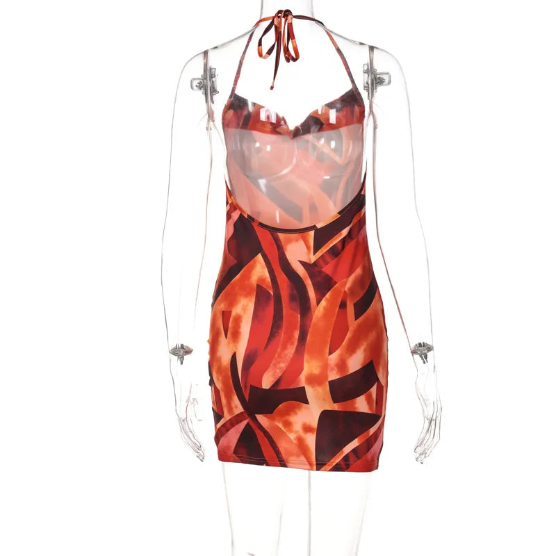 Robe moulante dos nu avec bretelles nouées, orange à motifs graphiques