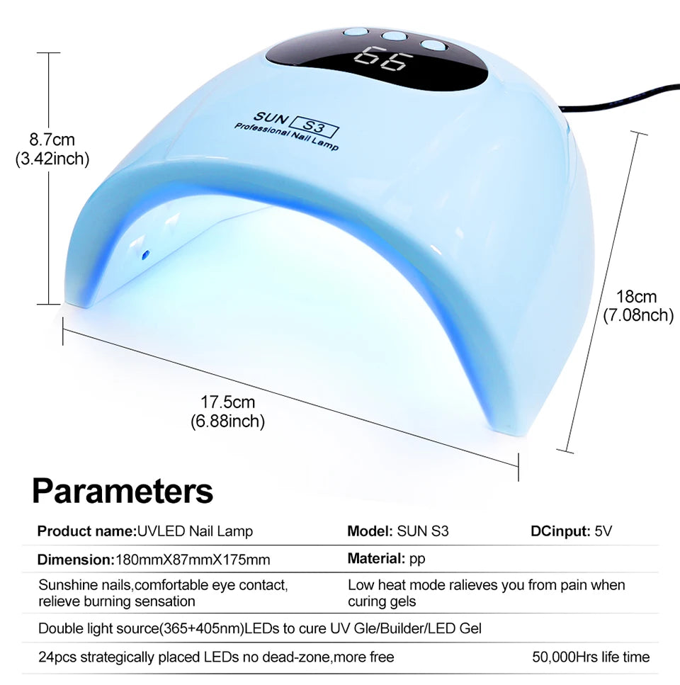 Lampe UV LED bleue pour ongles, repères de dimensions et écran S3.