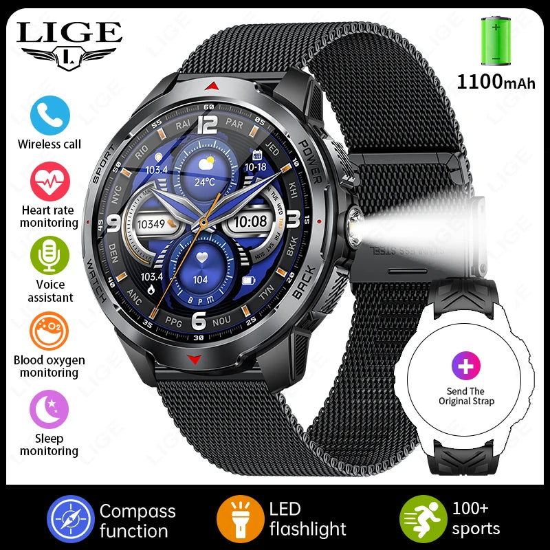 Montre Intelligente LIGE Homme 1100mAh - Boussole Outdoor 3ATM Étanche Bluetooth Fitness - MONASTORESHOP.COM