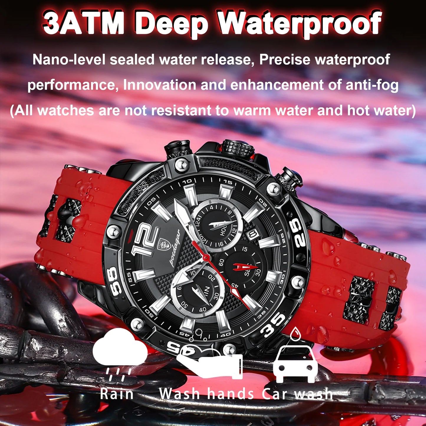 Montre sport PoEDAGAR chronographe, bracelet silicone rouge, cadran noir et sous-cadrans