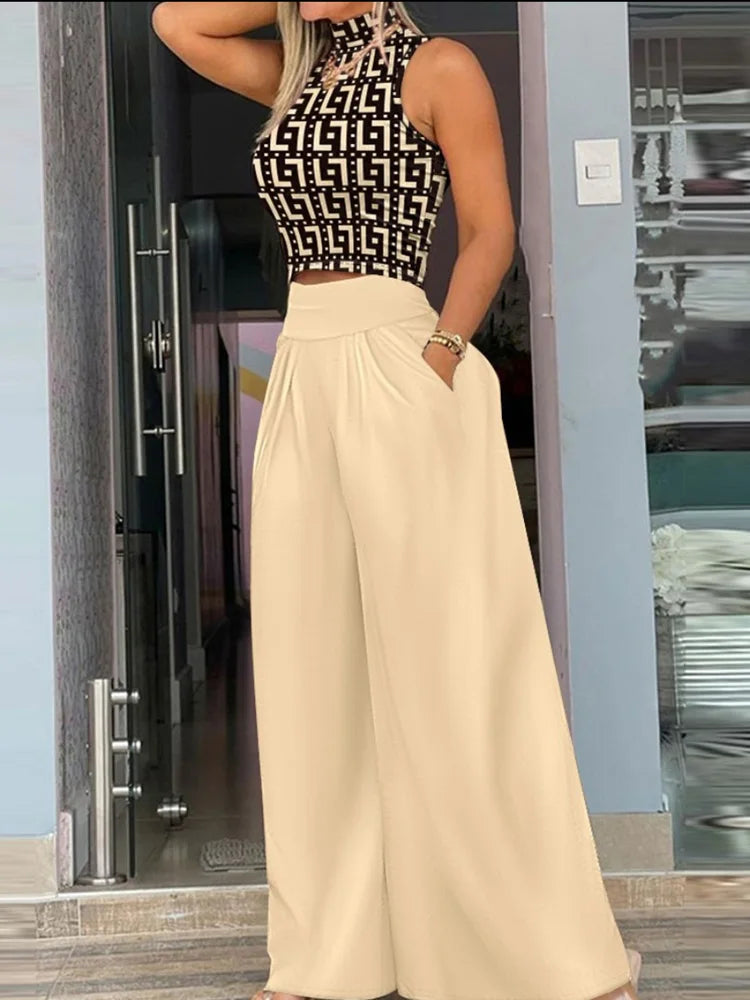 Ensemble pour femme débardeur noir à motif géométrique et pantalon large crème fluide