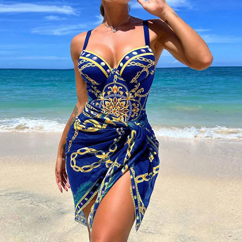 Maillot de bain une pièce push-up bleu à bretelles, imprimé chaînes dorées et drapé