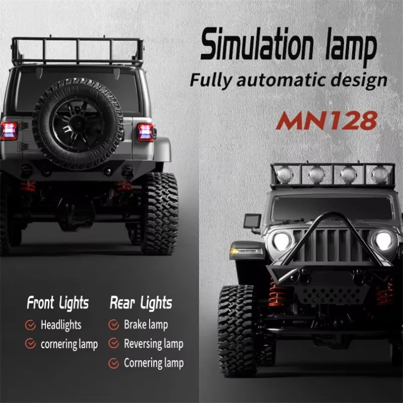MN128 1/12 RC voiture 4WD Jeep modèle 2.4G télécommande lumière LED 4X4 hors route