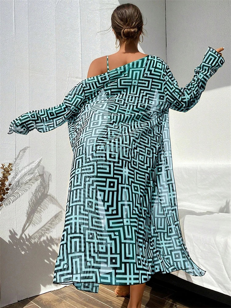 Ensemble bikini taille haute avec paréo manches longues et motif géométrique, vert-bleu, vue de dos