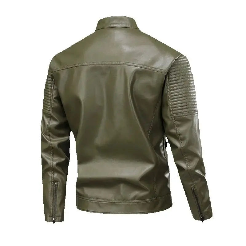 Blouson cuir vert armée pour homme, vue dos, col montant et fermeture zippée.