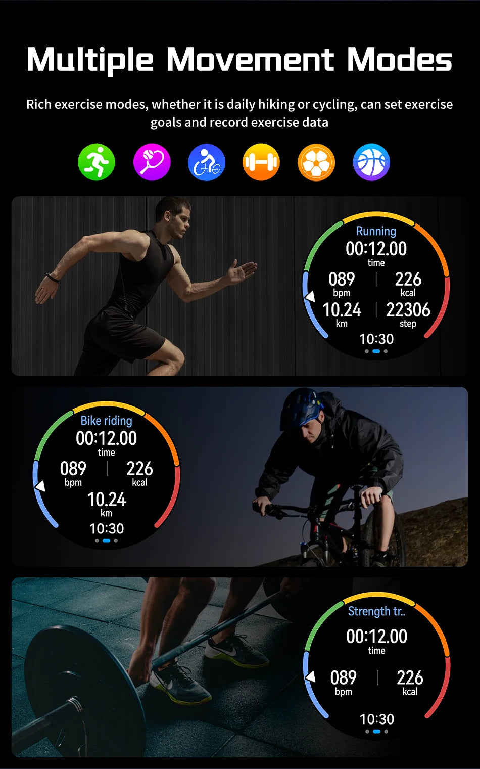 Écran de modes d’exercice sur montre connectée, graphiques et jauges de sport.