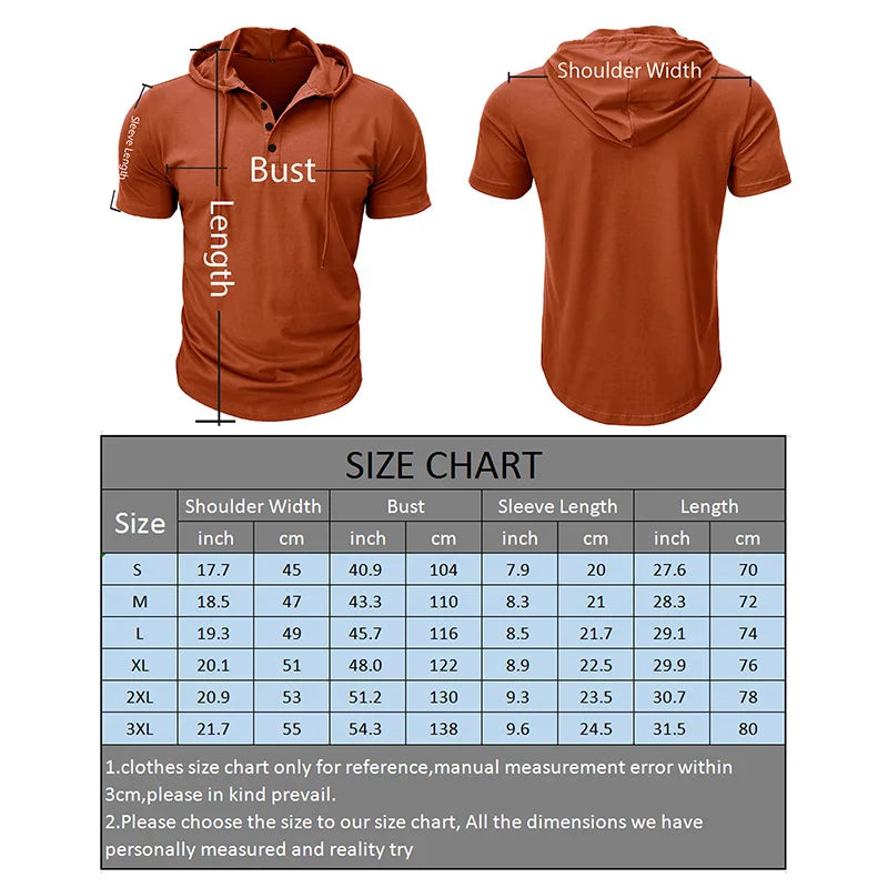 Polo à capuche homme orange, devant boutonné; vue avant et arrière.