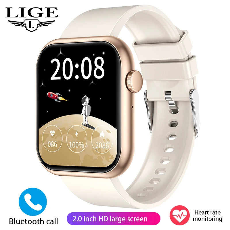 Montre connectée boîtier rose et bracelet blanc, écran noir affichant 20:08.
