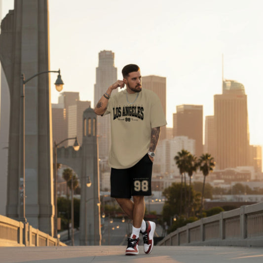 Ensemble t-shirt imprimé et short homme blanc/noir, Los Angeles 98 devant et sur le short