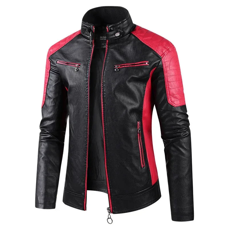 Veste motard en cuir PU homme noire avec empiècements rouges, col montant, zippée