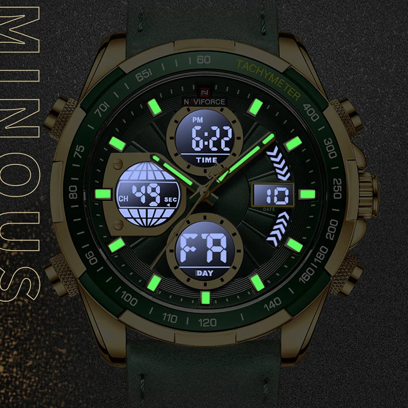 Montre homme sport cadran vert foncé, boîtier doré, bracelet cuir sombre, affichage numérique