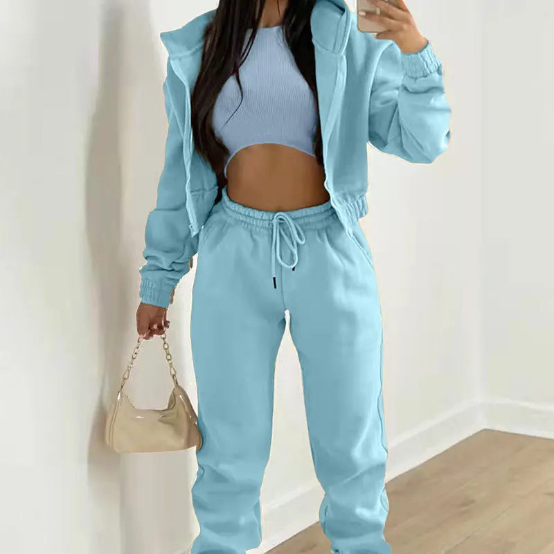 Ensemble 3 Pieces Femme - Sweat Capuche Zippee Debardeur Pantalon Jogging